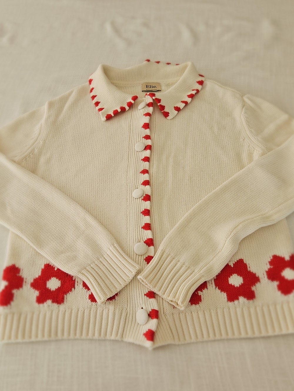 Elie Tahari Red Flower Knit Cardigan Sweater Ivory Cream XS - Picture 11 of 16